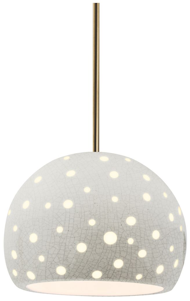 Perforated Globe 7"W White Crackle, Antique Brass Pendant - White Cord