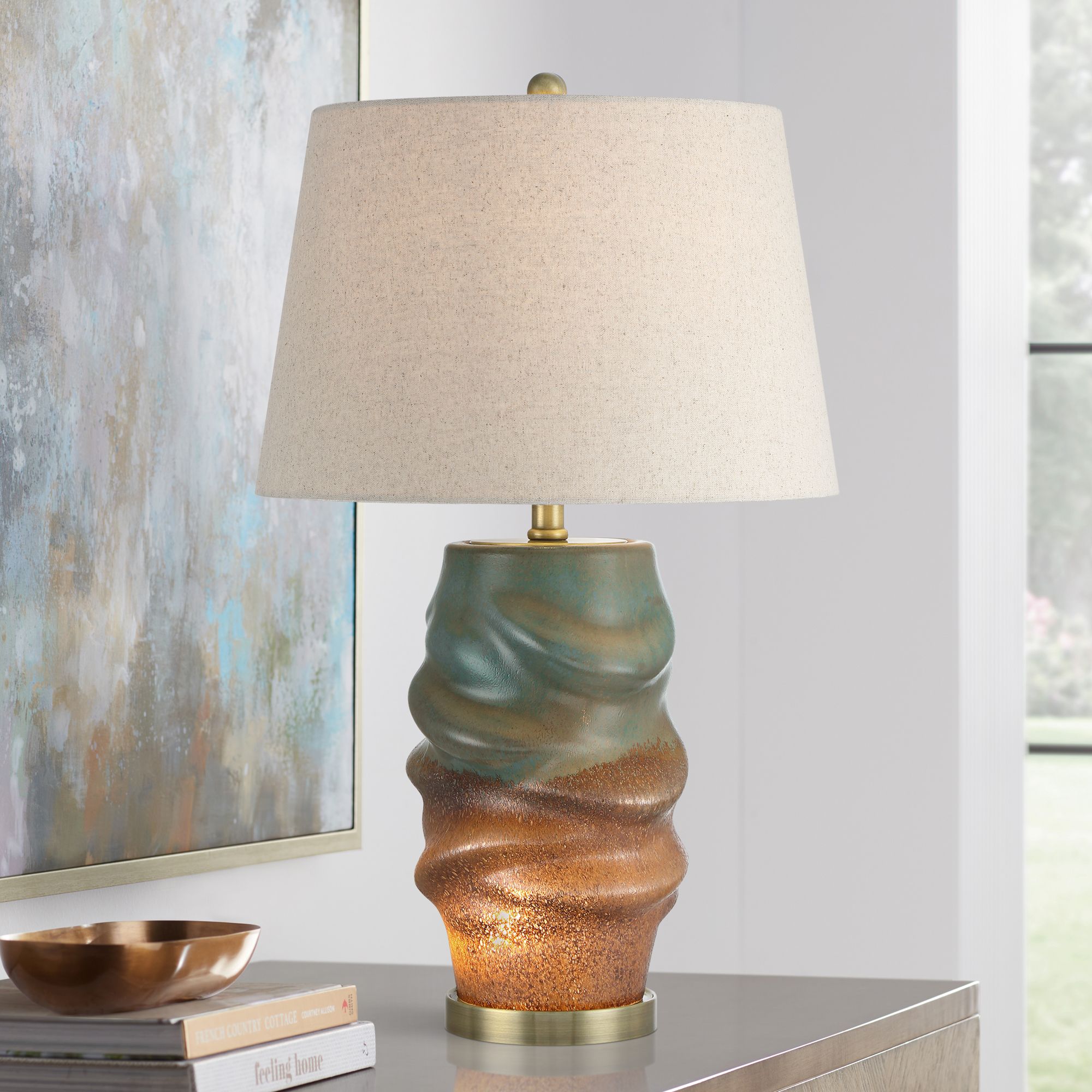 Pergamon 25" Blue Gold Glass Night Light Lamp Set of 2