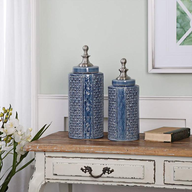 Image 1 Pero Sapphire Coastal Blue Ceramic Urns - Set of 2
