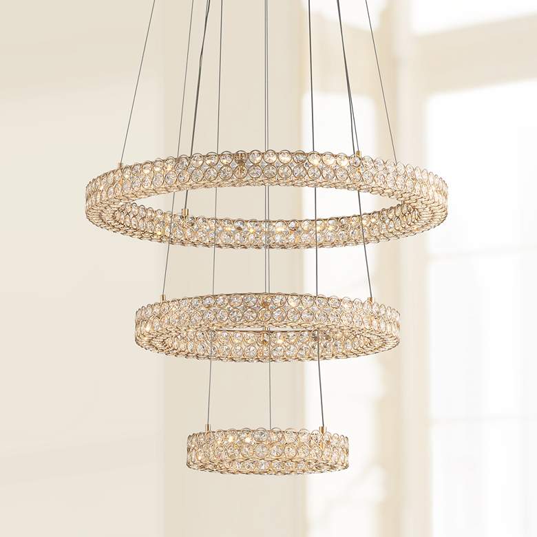 Image 1 Perriello 27 1/2"W Gold Crystal 3-Tiered Ring LED Pendant