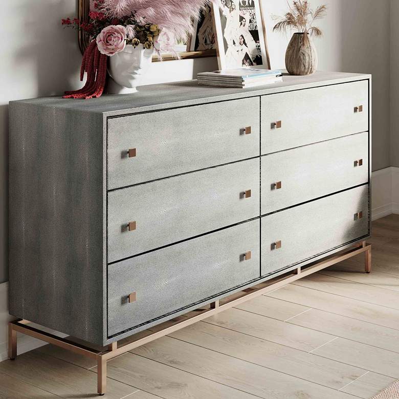 Image 1 Pesce Shagreen 57" Wide Gray Acacia Wood and Iron 6-Drawer Dresser