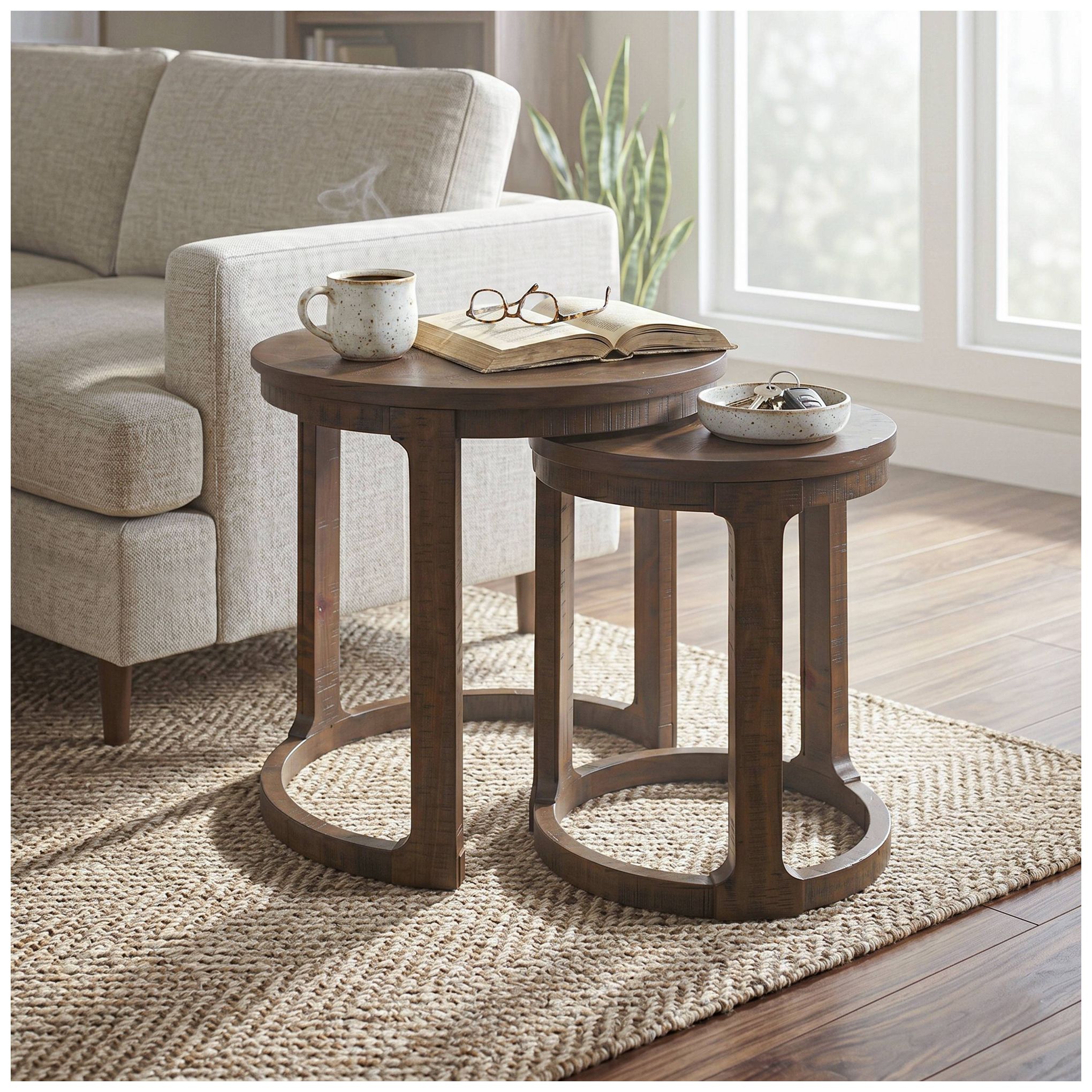 Image 2 Peter 24" Wide Distressed Espresso Round Wood Nesting End Table more views