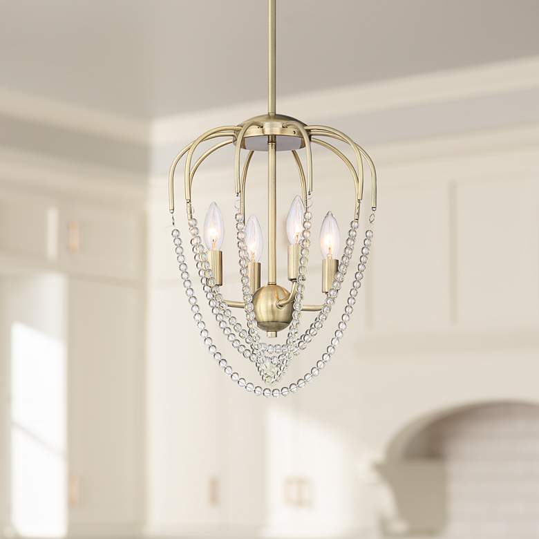 Image 1 Petra 12 1/4"W Antique Brass 4-Light Beaded Pendant Light