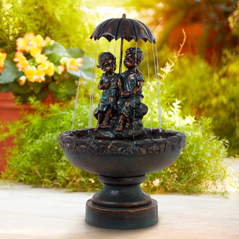 Image 2 Petrichor 40"H Bronze Children Under Umbrella Indoor/Outdoor Fountain