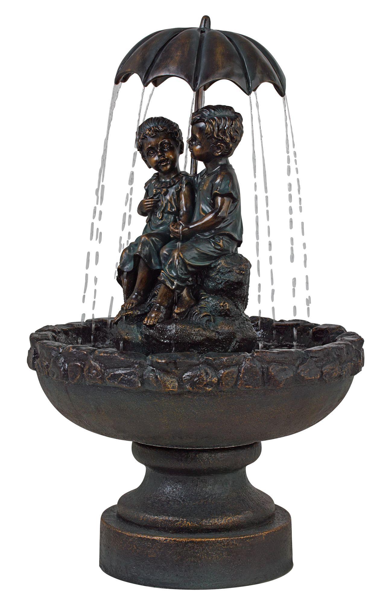 Boy and Girl Under Umbrella Fountain