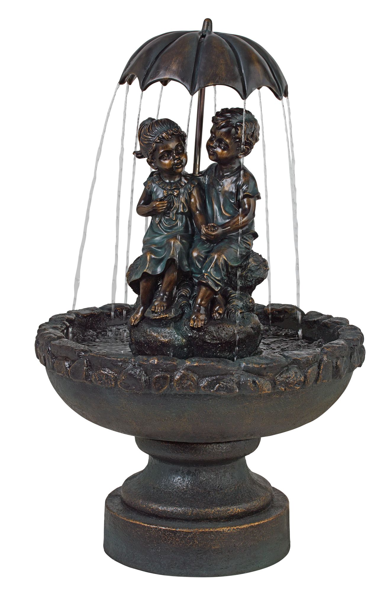Boy and Girl Under Umbrella Fountain