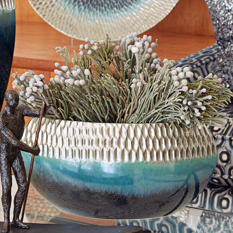 Image 1 Pewter and Aqua 15 1/2" Wide Ceramic Decorative Bowl