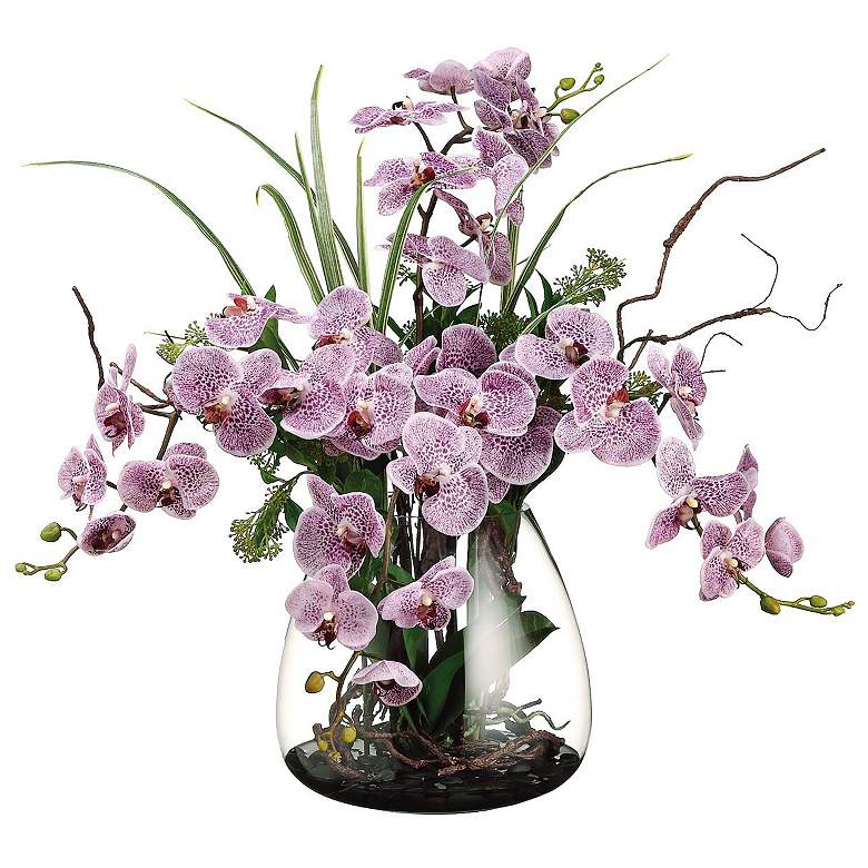 Image 1 Phalaenopsis and Skimmia 25 inch High Faux Flowers in Glass Vase