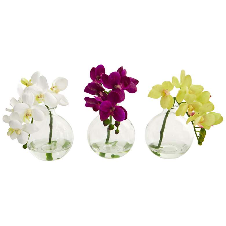 Image 1 Phalaenopsis Orchids 9 inch Faux Flowers in Glass Vases Set of 3