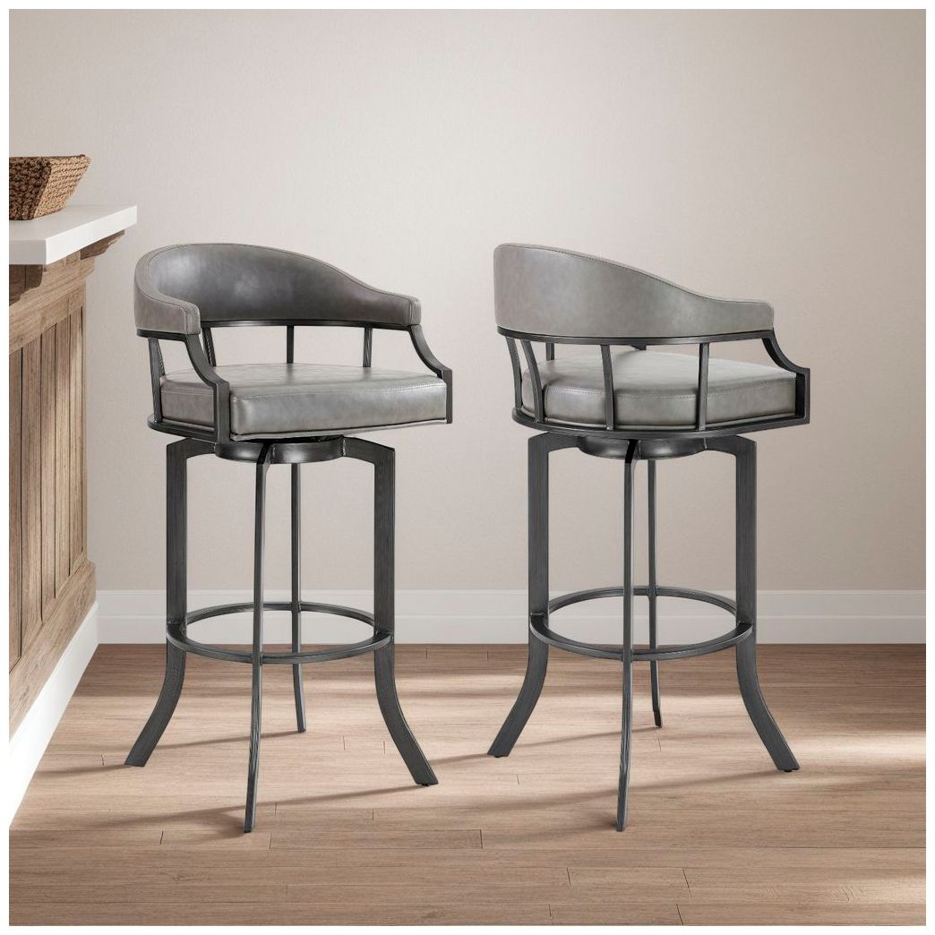 Pharaoh 26 in. Swivel Barstool in Gray Faux Leather and Mineral Finish