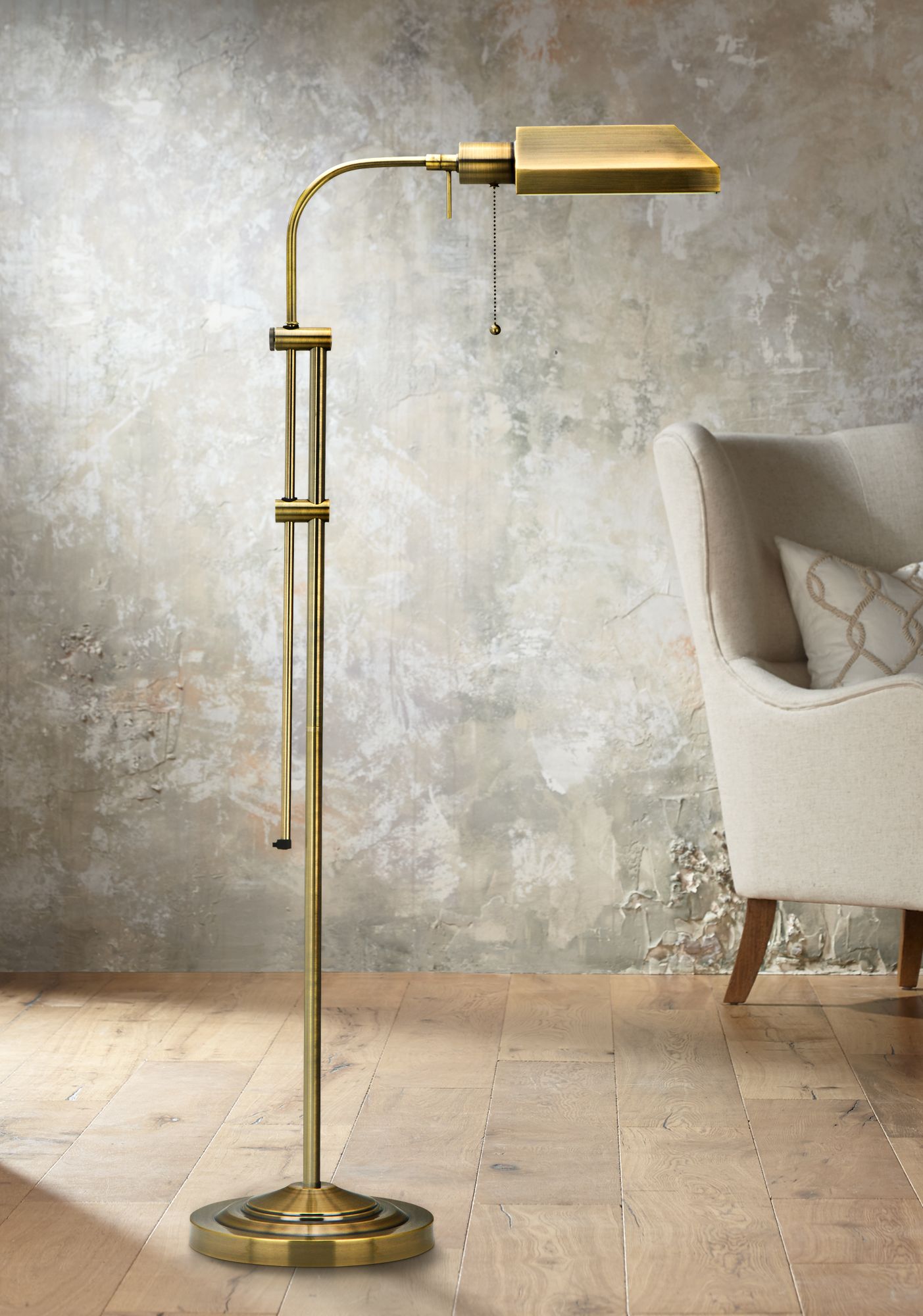 Pharmacy Style Antique Brass Finish Metal Adjustable Floor Lamp