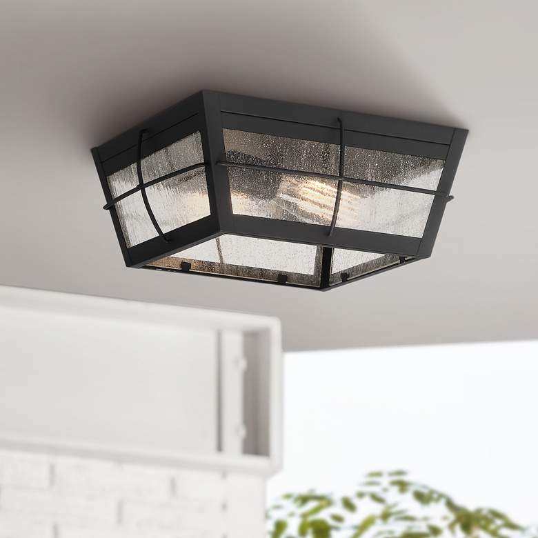 Image 1 Phia 12 inch Wide Matte Black Seeded Glass Outdoor Ceiling Light