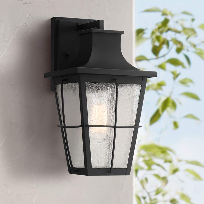 Image 1 Phia 14 inch High Matte Black Seeded Glass Outdoor Wall Light