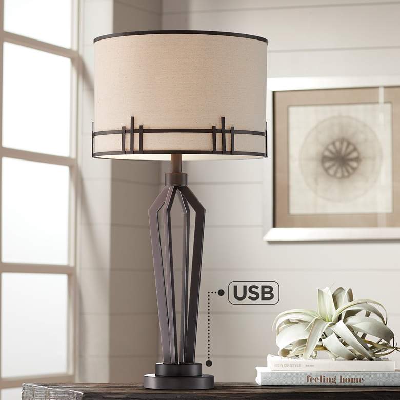 Image 1 Picket Oil-Rubbed Bronze Modern Industrial Table Lamp with USB Port