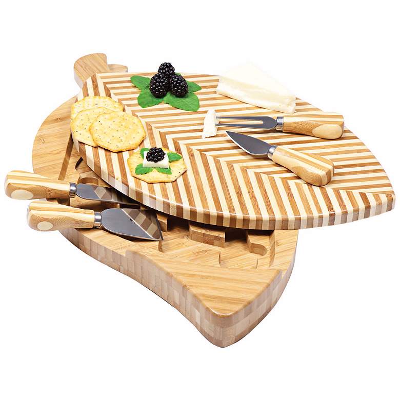 Image 1 Picnic Time Leaf Bamboo Cheese Board Set with Tools