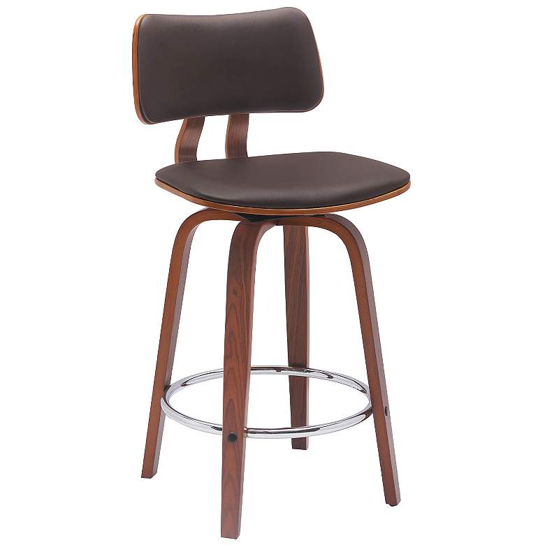 Image 1 Pico 26 in. Swivel Barstool in Walnut Wood, Chrome and Brown Faux Leather