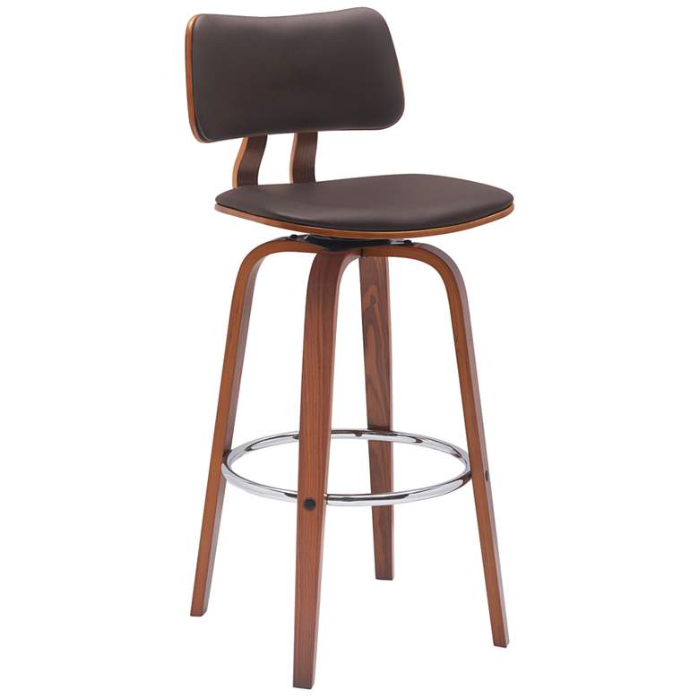 Image 1 Pico 30 in. Swivel Barstool in Walnut Wood, Chrome and Brown Faux Leather