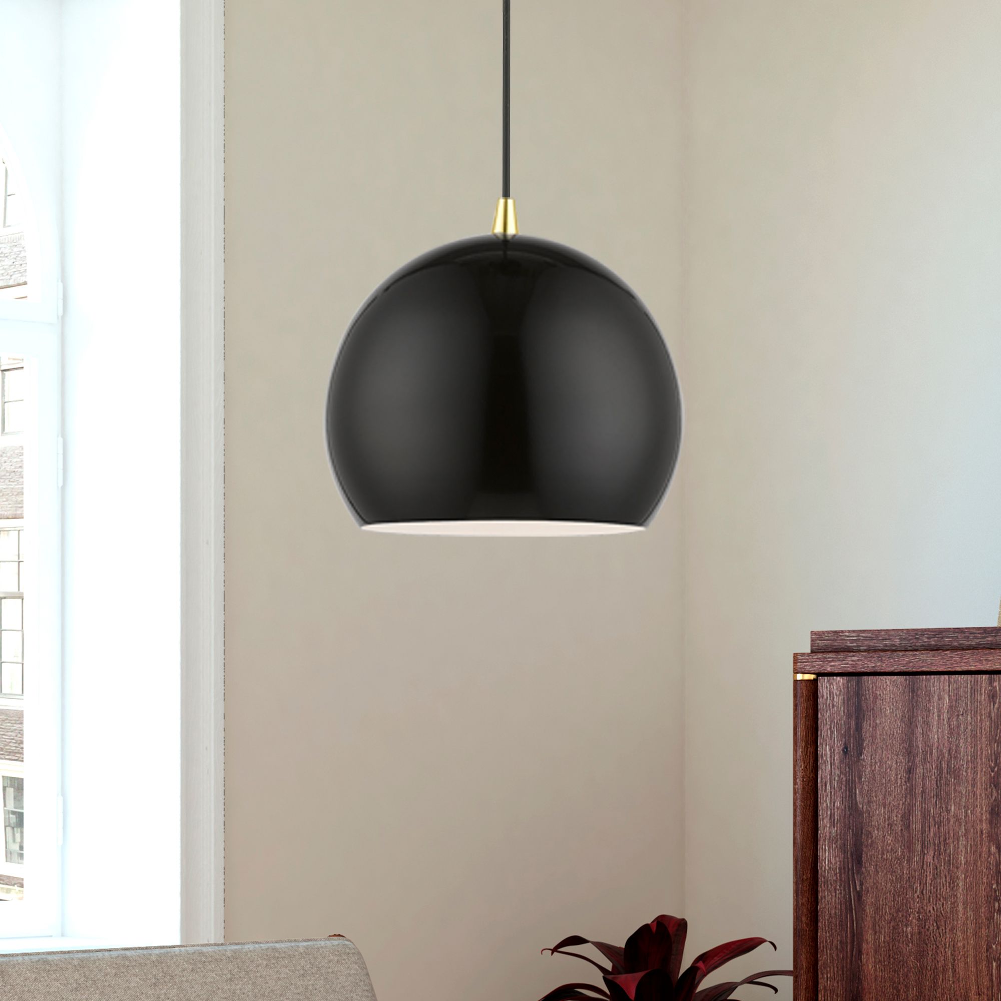 Piedmont 1 Light Shiny Black with Polished Brass Accents Globe Pendant