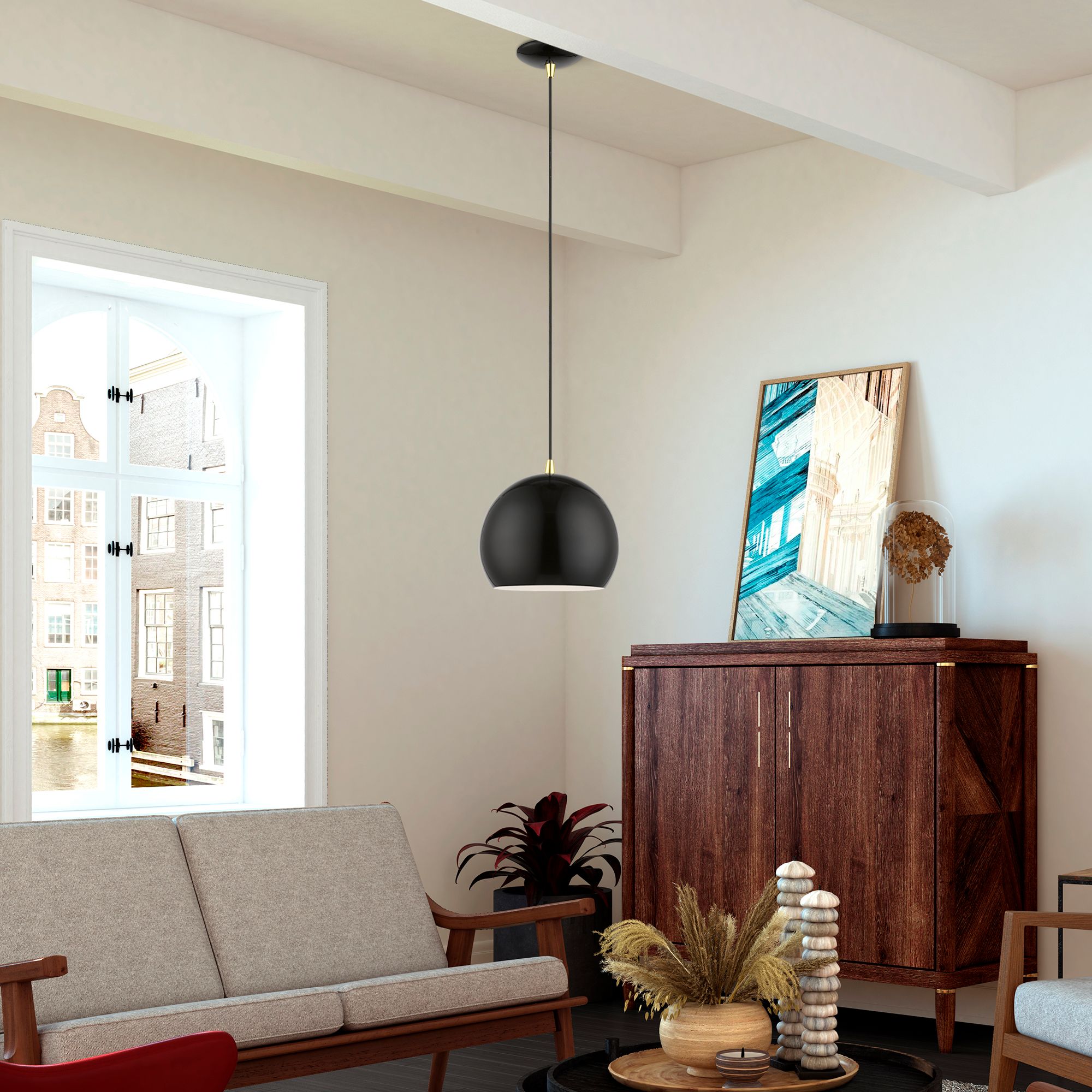 Image 7 Piedmont 1 Light Shiny Black with Polished Brass Accents Globe Pendant more views