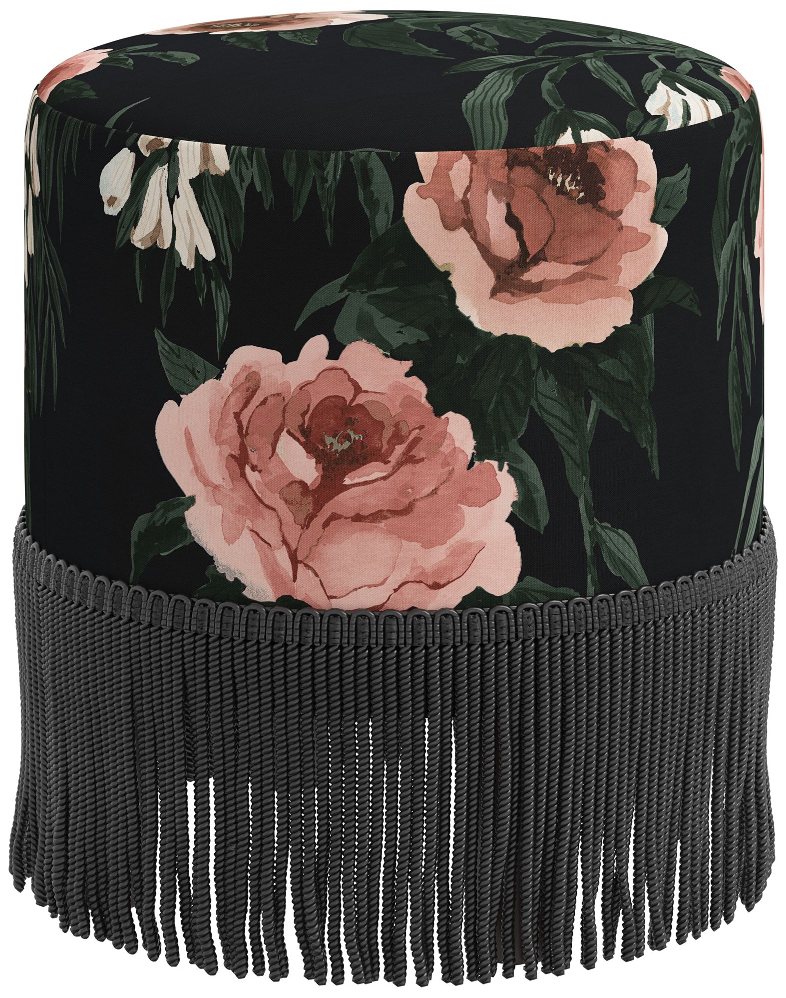 Pierre Fringe Silk Roses Black Oga Fabric Round Ottoman - Made to Order