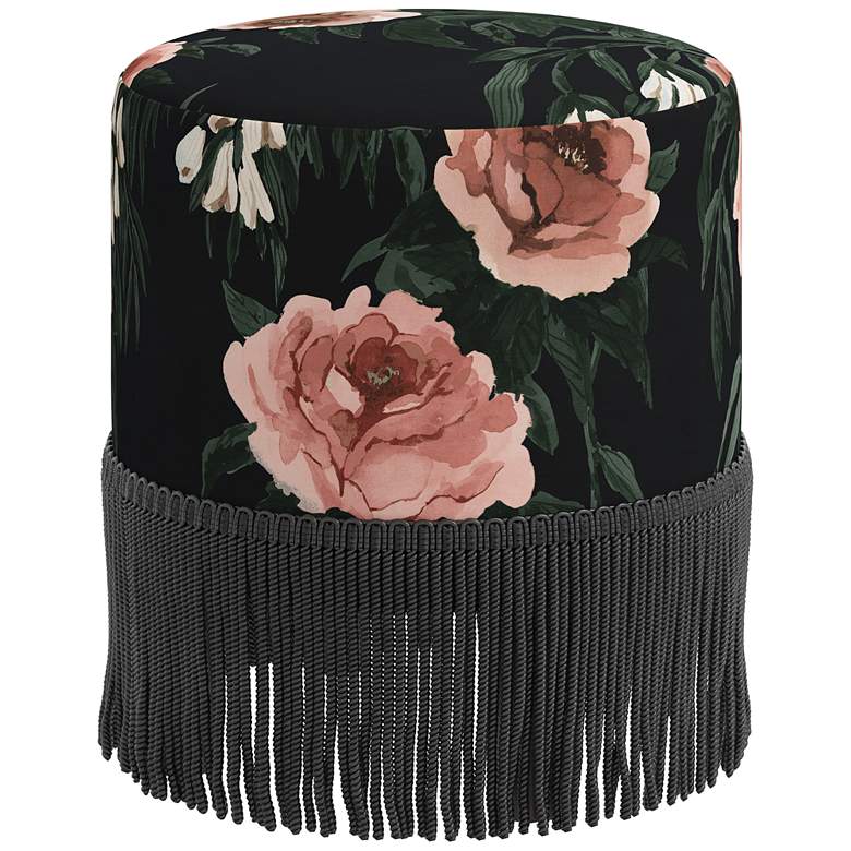 Image 1 Pierre Fringe Silk Roses Black Oga Fabric Round Ottoman