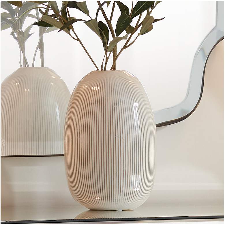 Image 1 Pilar 6 1/4" High Shiny Beige Ridged Ceramic Vase