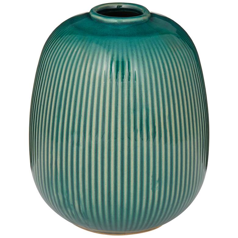 Image 1 Pilar 6 1/4 inch High Shiny Green Ridged Ceramic Vase