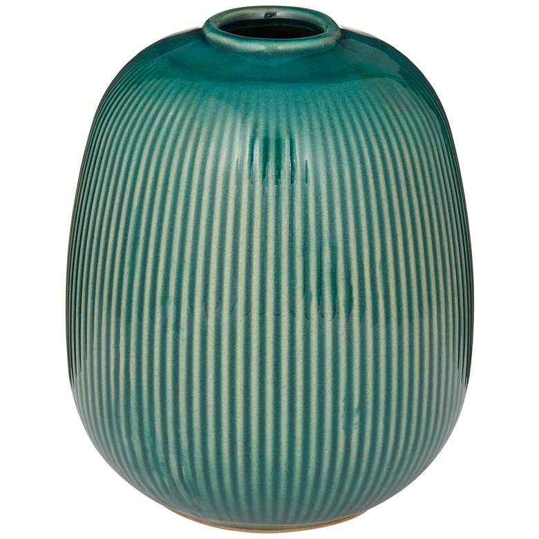 Image 1 Pilar 6 1/4" High Shiny Green Ridged Ceramic Vase
