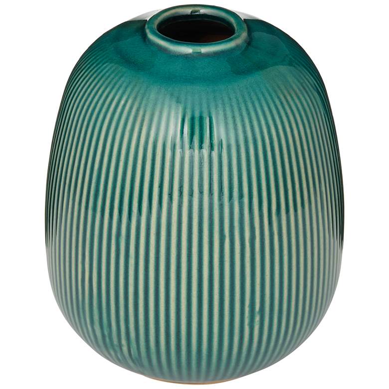 Pilar 6 1/4 inch High Shiny Green Ridged Ceramic Vase more views