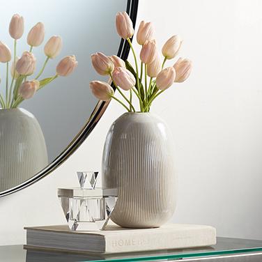 Pilar 8 3/4" High Shiny Beige Ridged Ceramic Vase