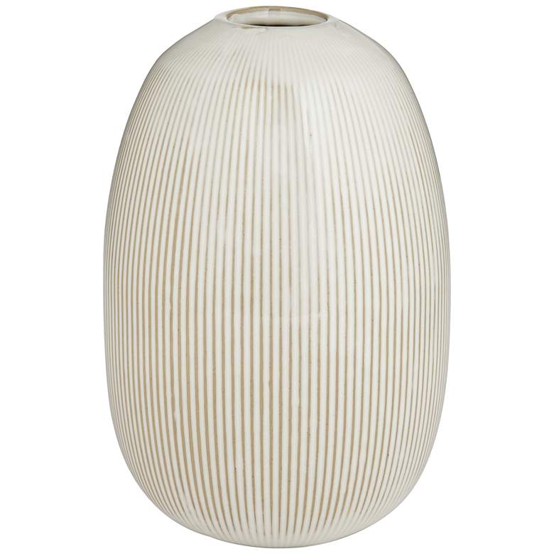 Pilar 8 3/4 inch High Shiny Beige Ridged Ceramic Vase