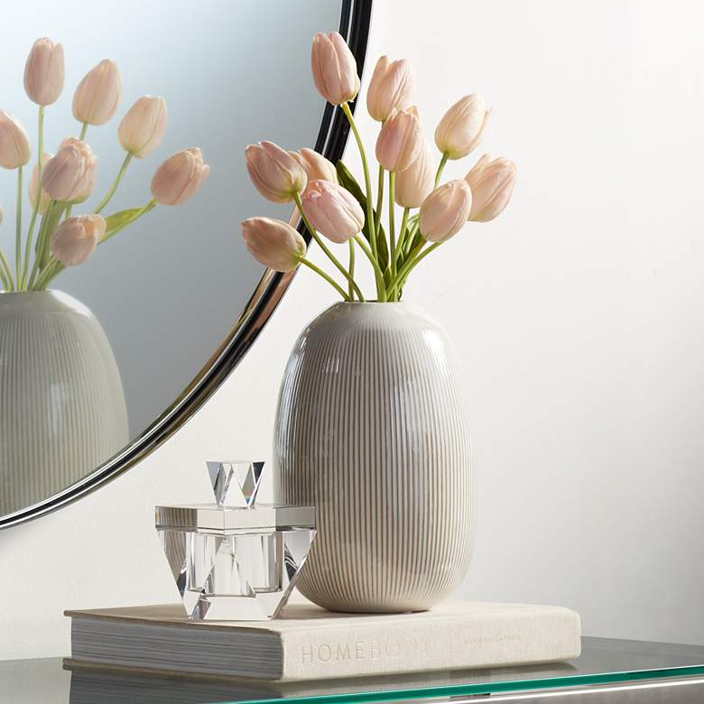 Image 2 Pilar 8 3/4" High Shiny Beige Ridged Ceramic Vase