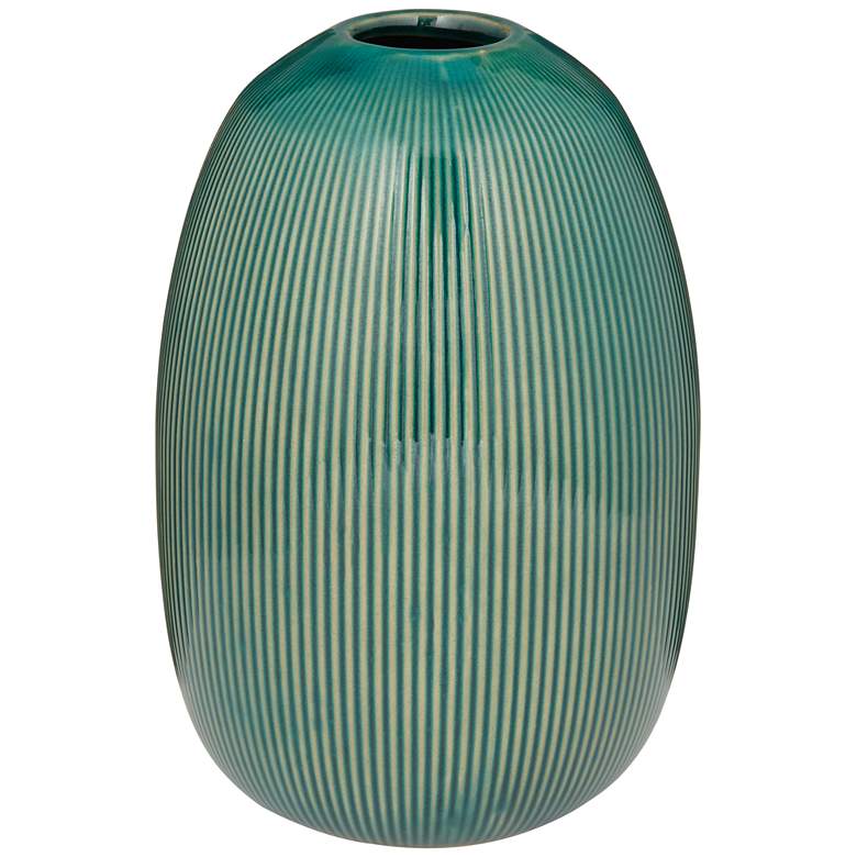 Pilar 8 3/4&quot; High Shiny Green Ridged Ceramic Vase