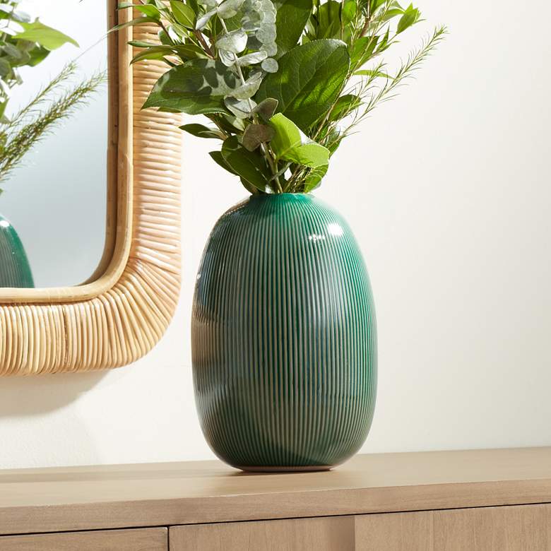 Image 1 Pilar 8 3/4" High Shiny Green Ridged Ceramic Vase