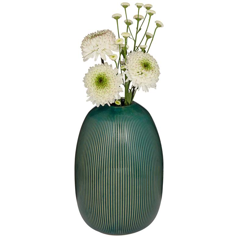 Image 3 Pilar 8 3/4 inch High Shiny Green Ridged Ceramic Vase more views