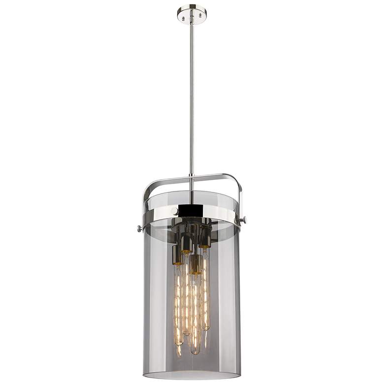 Image 1 Pilaster 13.38"W 4 Light Stem Hung Polished Nickel Pendant w/ Smoke Sh