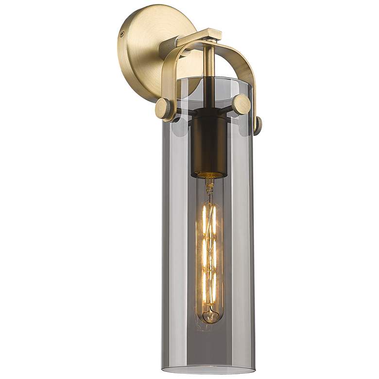 Image 1 Pilaster 16.75" High Brushed Brass Sconce With Plated Smoke Glass Shad