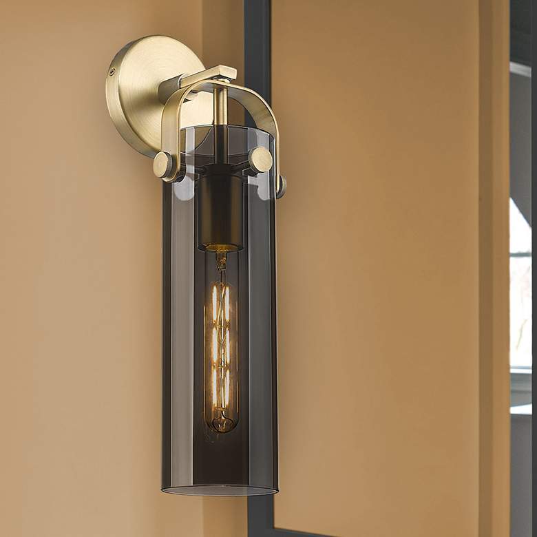 Image 1 Pilaster 16.75" High Brushed Brass Sconce With Plated Smoke Glass Shad