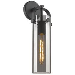 Pilaster 16.75&quot; High Matte Black Sconce With Plated Smoke Glass Shade