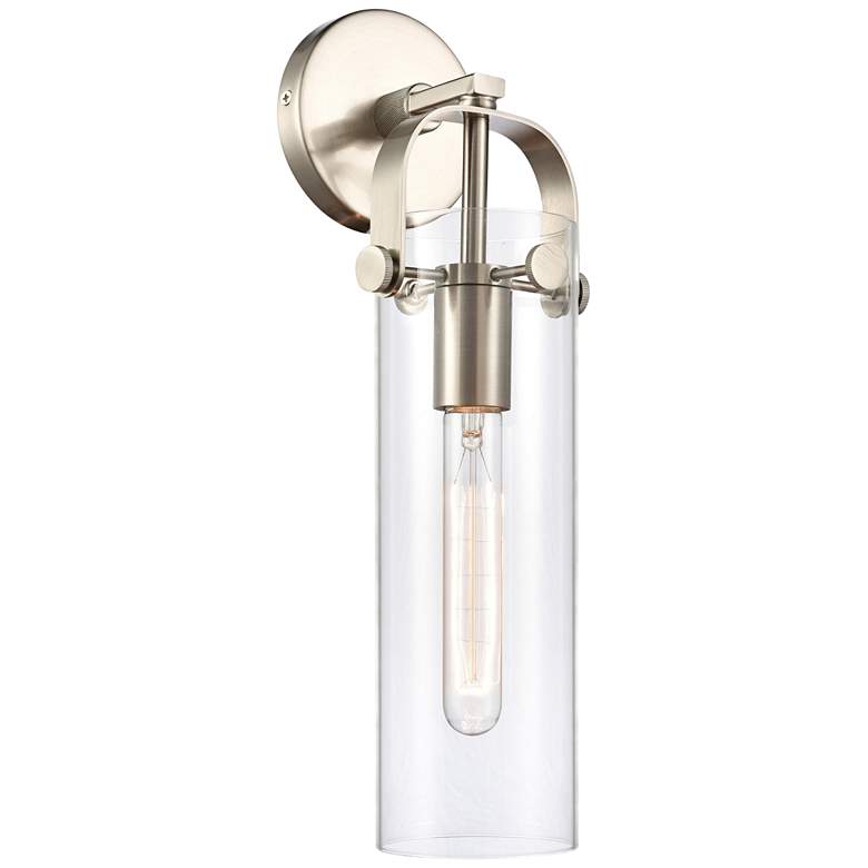 Image 1 Pilaster 16 3/4 inchH Satin Nickel Cylinder Glass Wall Sconce
