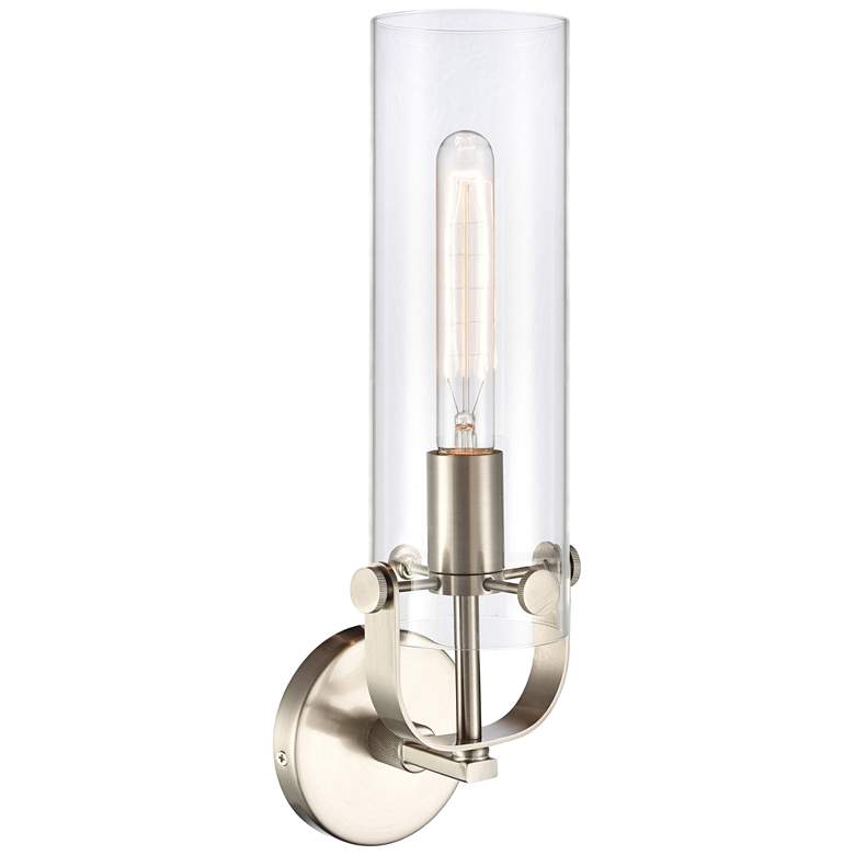 Image 2 Pilaster 16 3/4"H Satin Nickel Cylinder Glass Wall Sconce more views