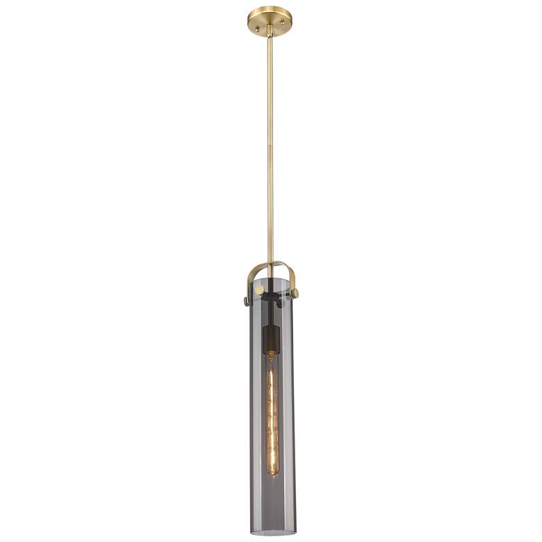 Image 1 Pilaster 5" Wide Stem Hung Brushed Brass Pendant With Smoke Shade
