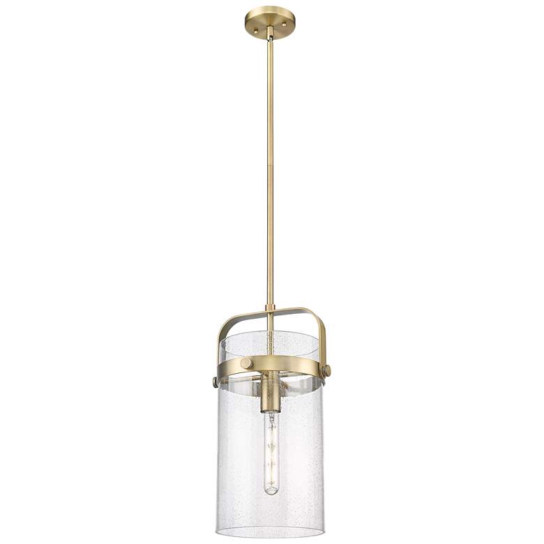Image 1 Pilaster 9.38" Wide Stem Hung Brushed Brass Pendant With Seedy Shade