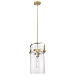 Pilaster 9.38" Wide Stem Hung Brushed Brass Pendant With Seedy Shade