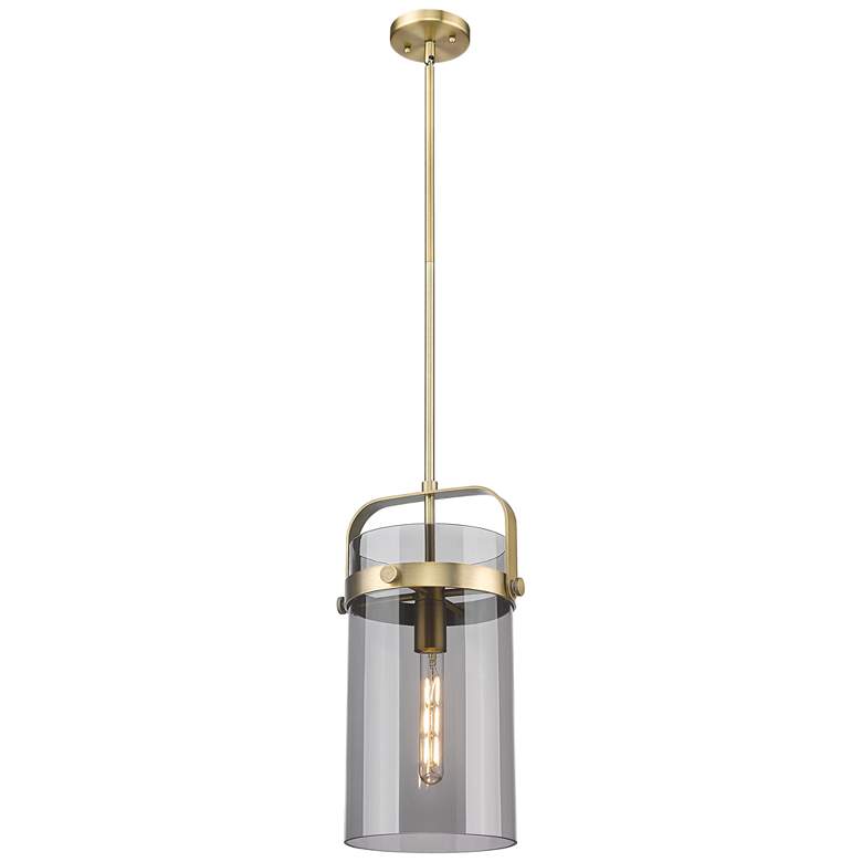 Image 1 Pilaster 9.38" Wide Stem Hung Brushed Brass Pendant With Smoke Shade