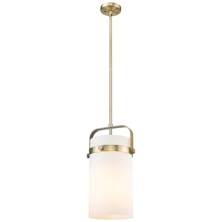 Image 1 Pilaster 9.38" Wide Stem Hung Brushed Brass Pendant With White Shade