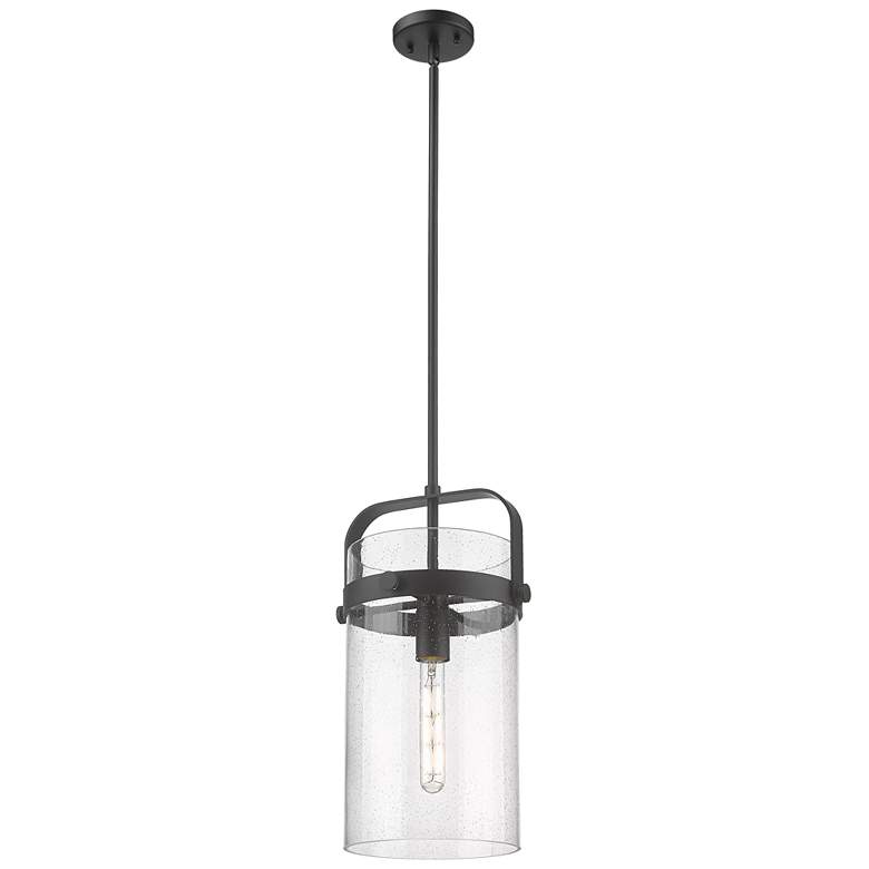 Image 1 Pilaster 9.38" Wide Stem Hung Matte Black Pendant With Seedy Shade