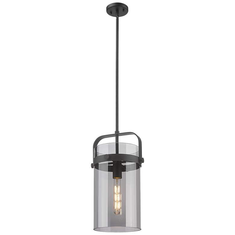 Image 1 Pilaster 9.38" Wide Stem Hung Matte Black Pendant With Smoke Shade