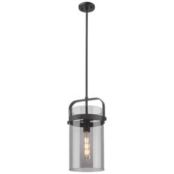 Pilaster 9.38&quot; Wide Stem Hung Matte Black Pendant With Smoke Shade