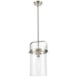 Pilaster 9.38&quot; Wide Stem Hung Satin Nickel Pendant With Clear Shade